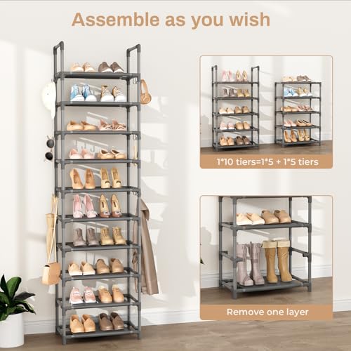 VTRIN 10 Tiers Tall Shoe Rack Holds 20-25 Pairs of Shoes Sturdy Vertical Shoe Organizer with 18pcs Hooks Stackable Narrow Shoe Rack for Closet, Entryway Grey - color: Grey, size: 17" Wide - 10 Tier