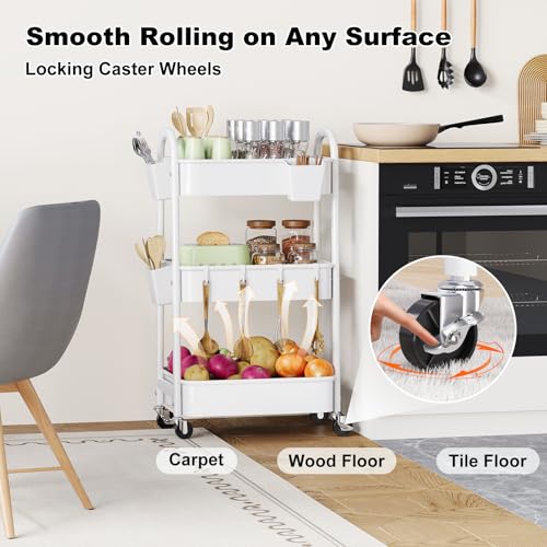 3 Tier Rolling Cart with Wheels for Pantry Organizers and Storage, Metal Utility Kitchen Cart for Fruit and Vegetable Storage, Snack Carts for Kitchen Organization, Art, Craft, Bathroom, Lash, White - color: White, size: 3 Tier+Cups+Hooks