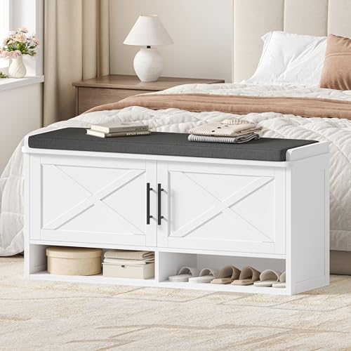 Farmhouse Shoe Storage Bench with Cushion, Entryway Bench with Adjustable Shelves and Open Bottom Shelf, Hidden Shoe Cabinet Storage for Entryway, Hallway, Living Room, Bedroom, White