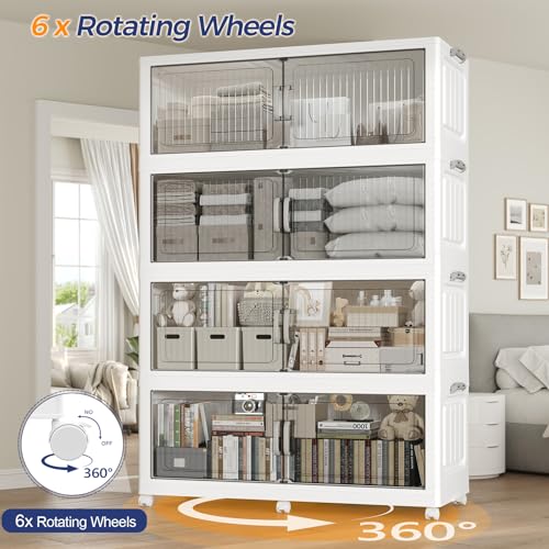 250Gal Extra Large Stackable Storage Bins with Lid, 1000QT Foldable Collapsible Storage Box with Doors and Wheels, Plastic Closet Organizers Container Drawer for Bedroom Dorm Kitchen, 5Pack