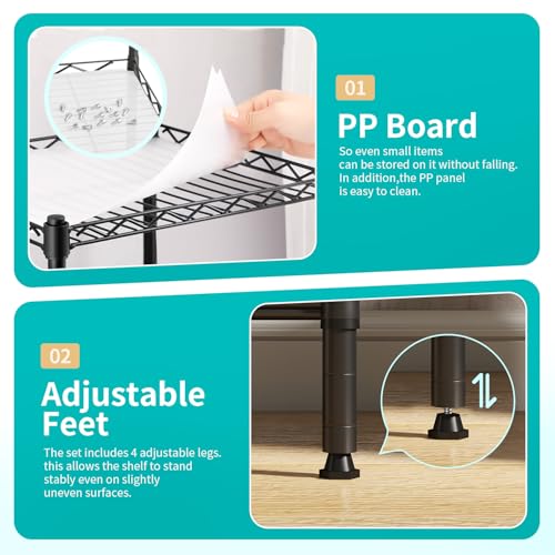 BestOffice | 4-Tier Wire Storage Shelves | 12"D x 18"W x 44"H | Black | with Adjustable Racks PP Liners | Compact Metal Shelf, Holds Upto 600 lbs | Ideal for Kitchens Closets Bathrooms Small Corners - color: Black, size: 12"D x 18"W x 44"H