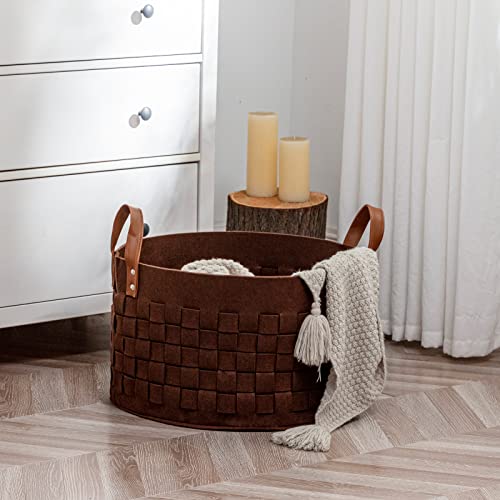 BOLDMONKEY Laundry Basket 20" x20 " x11.8 ", Large Felt Fabric Blanket Basket with Leather Handle, Dirt Clothes Laundry Hamper Round for Babies, Dogs and Living Room-Brown - color: Wood Brown