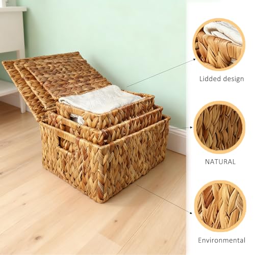 Wicker Storage Baskets With Lid,Set of 3 Rectangular Rattan Basket Decorative Boxes with Handles,Large Storage Box Hyacinth Wicker Baskets For Shelf Organizer, Nursery Room,Bathroom,Living Room