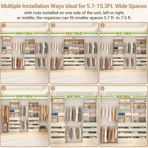 Aheaplus Closet System, 6-15Ft Closet Organizer with 8 Wooden Drawers, Wood Closet Organizer System with Tower, Walk-in Closet Organizer Wardrobe Garment Clothes Rack with 4 Hanging Rods, White Oak - color: White Oak