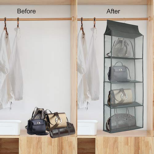 Closet Handbag Purse Holder, Space Saving Hanging Handbag Storage Tote Bag Organizer Holder with 4 Large Heavy-Duty Mesh Shelves for Wardrobe Closet(Gray) - color: Grey