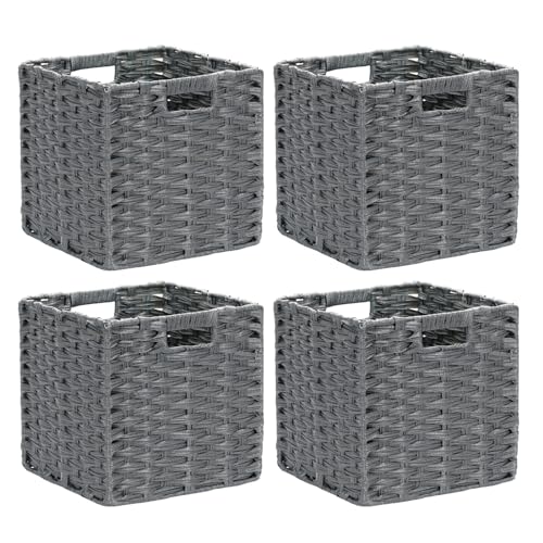 DULLEMELO Wicker Storage Baskets for Shelves, Plastic Woven Cube Storage Bins Set of 4, 11x11x11 inch Foldable Wicker Baskets for Shelves,Closet, Clothes, Toys-Grey - color: Woven-Grey, size: 11"-4 pack