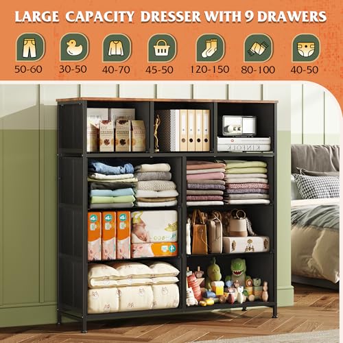 WLIVE 9 Drawer Dresser, Fabric Storage Tower for Bedroom, Hallway, Closet, Tall Chest Organizer Unit for Bedroom with Fabric Bins, Steel Frame, Wood Top, Easy Pull Handle, Pattern - color: Pattern