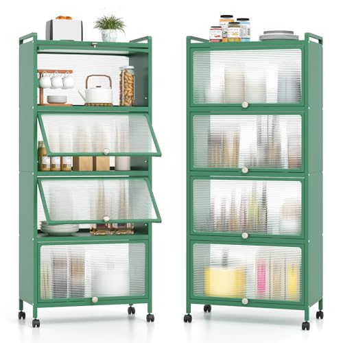 Giantex 5-Tier Kitchen Storage Cabinet, Mobile Microwave Stand with Flip-up PC Doors, Freestanding Kitchen Bakers Rack with 4 Rolling Casters, for Dining Room, Living Room and Study, Green - color: Green