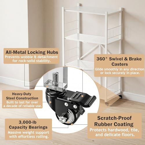 4-Tier Metal Foldable Shelf Shelving Rack Organizer on Rolling Wheels in Kitchen, Pantry, Warehouse, Patio, Basement, Dorm, Garage, RV - color: White/4-tier