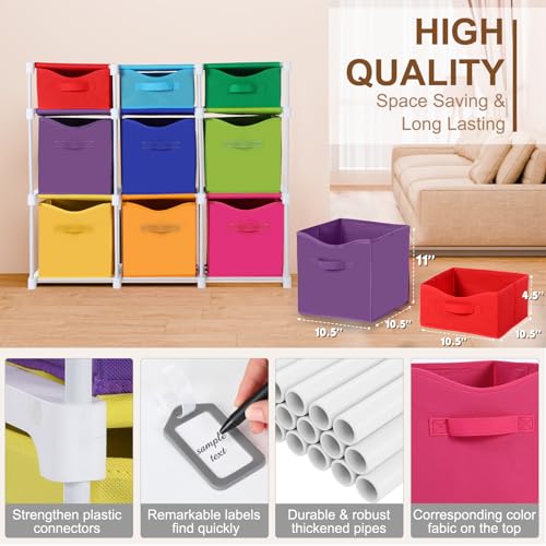 9 Cube Storage Organizer Shelf with Storage Bins and Label, 11 Inch Toy Cube Bins Clothes Closet Organizers Drawers Fabric Dresser for Living Room, Bedroom, Playroom, Dorm(Bright) - color: Bright