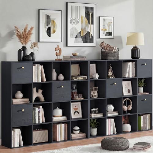 Black Cube Storage Organizer, 16 Open Cubes Bookshelf with 3 Storage Drawers, Freestanding Book Case Set for Living Room Bedroom, Wooden Cuby Shelves Bundle with Wood Grain Finish, 2PCS - color: Black, size: 16 Cube (2PC)