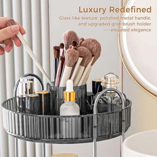 360° Rotating Makeup Organizer, Upgraded 3 Tier Skincare Perfume Organizers for Women, Bathroom Organizer Countertop, Clear Cosmetic Dresser Organizer with Makeup Brush Holder, Sink&Counter(Grey) - color: Grey, size: 3 Tier