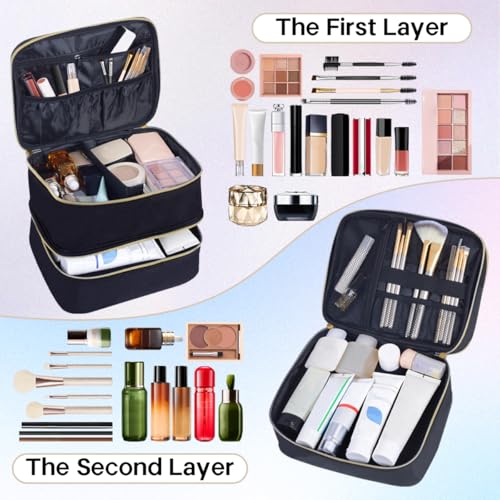 Double Layer Makeup Bag Portable Large Cosmetic Case Organizer with Adjustable Dividers Storage Travel Bag for Accessories Brushes Conditioner and Skin Care Products (Black) - color: Black