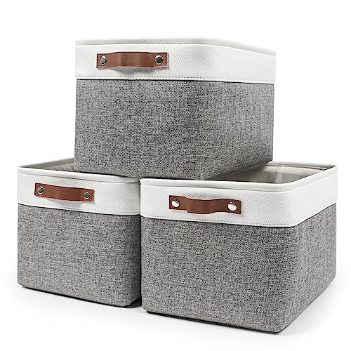 Bagnizer Storage Bins Large Fabric Storage Baskets for Shelves 3 Pack, Decorative Linen Closet Baskets with Handles for Organizing, Shelf, Clothes, Home, Office, 15x11x9.5Inches (Grey&White) - color: Gray / Off-White, size: Large -15"x11"x9.5"