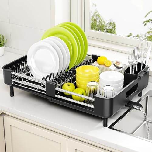Urackify Stainless Steel Dish Drying Rack - Dish Drainer for Kitchen Counter, Extendable Drainboard with Foldable, Space-Saving Cup & Bowl Organizer, Includes Knife and Utensil Holder, Black - color: Black