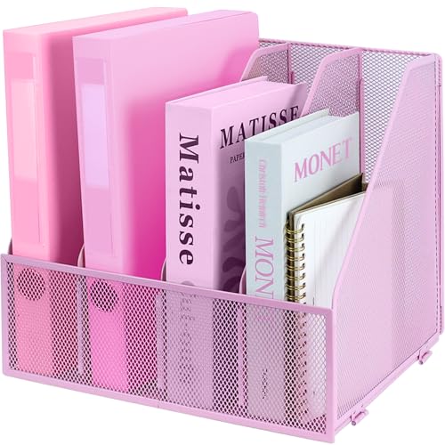 Desk Organizers, Metal Magazine File Holder with 4 Vertical Compartments Rack Binder File Organizer for Office Supplies, Home Workspace - Pink - color: Pink, size: 4 Compartments