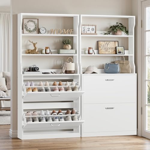 IRONCK Tall Shoe Cabinet with 2 Flip Drawers, Narrow Hidden Shoe Storage Cabinet with Shelves, Slim Freestanding Shoe Organizer for Entryway, Hallway, White - color: White