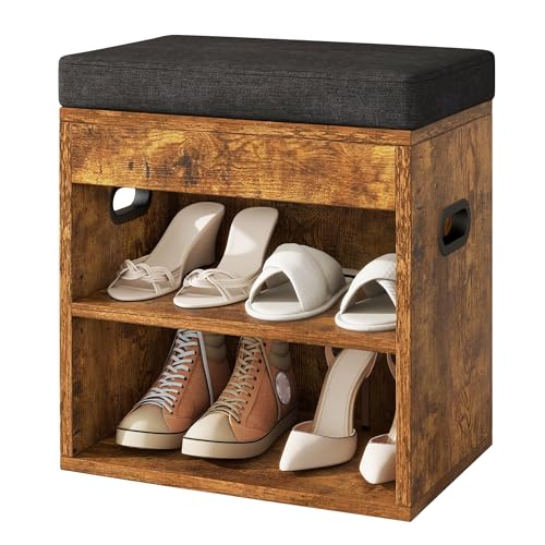 YMYNY Small Shoe Storage Bench with Cushion and Drawer, 2 Tier Adjustable Entryway Bench with Storage, Wooden Shoe Rack Bench for Entryway, Living Room, Hallway, Closet, Bedroom, Rustic Brown, HSC002H - color: Rustic Brown