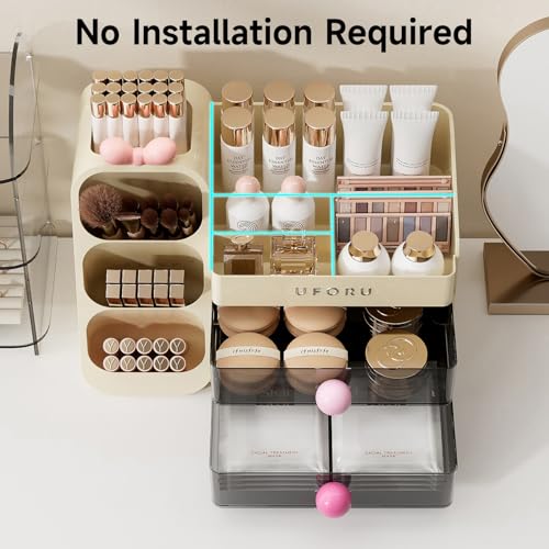 Makeup Organizer for Vanity with Brush Holder, Large Plastic Bathroom Countertop Skincare Organizer with 2 Drawers, Spacious Cosmetic Display Case for Perfumes, Eyeshadow Palettes, Nail Polishes - color: Cream White&Pink, size: Large