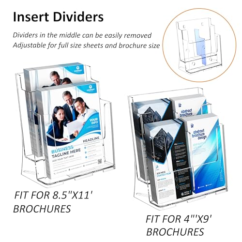 FUCDTEFC Acrylic Brochure Holder 8.5x11 & 4 x9 Inches, Clear 2 Tier Literature Magazine Stand Brochure Display Stand w Removable Divider Universal, Pamphlet Flyer Holder for Wall Mount or Countertop