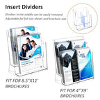 FUCDTEFC Acrylic Brochure Holder 8.5x11 & 4 x9 Inches, Clear 2 Tier Literature Magazine Stand Brochure Display Stand w Removable Divider Universal, Pamphlet Flyer Holder for Wall Mount or Countertop