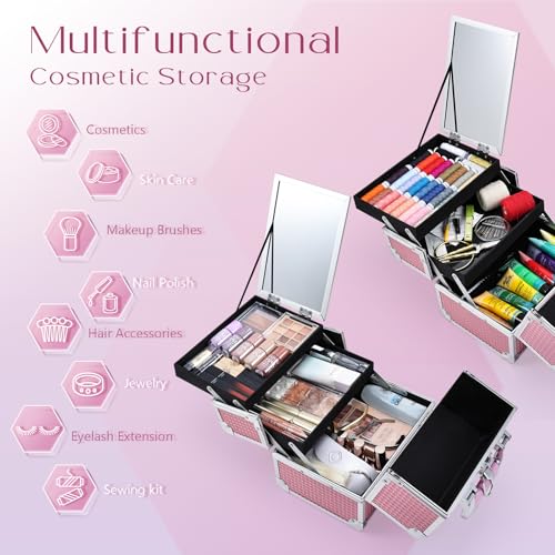 Joligrace Makeup Train Case Makeup Case Organizer Portable Cosmetic Box Storage with 2 Trays Mirror Locking Make Up Travel Case for Nail Kits Cosmetics Craft Traveling Makeup Box Mermaid Pink - color: Beauty Pink