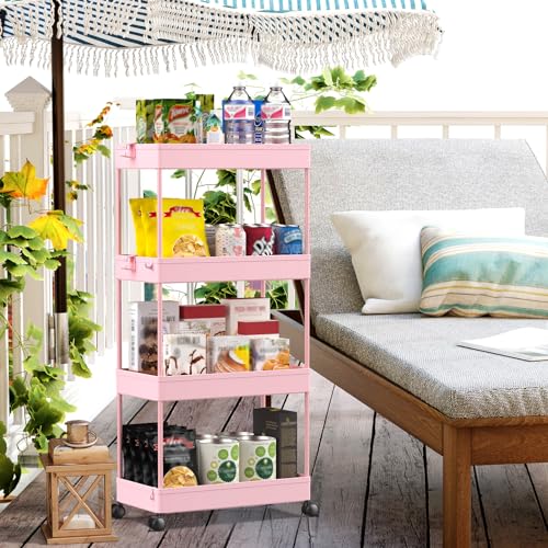 SPACEKEEPER Storage Cart 4-Tier, Bathroom Rolling Cart Utility Storage Organizer Shelf Mobile Shelving Unit for Kitchen Living Room Bathroom Laundry Room & Dressers, Pink - color: Pink, size: 4 Tier