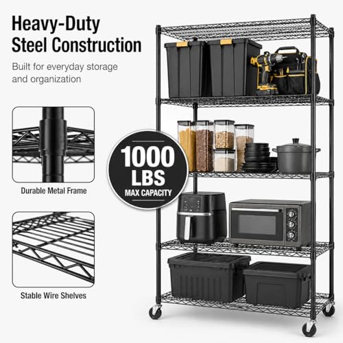 Simple Deluxe 4-Tier Heavy Duty Adjustable Storage Shelf with Wheels, 23.23”W x 17.63”D x 47.24”H, Wide Mobile Metal Shelving Unit, Easy Assembly for Living Room, Office,Black - color: Black, size: 4-Tier, 23.23”W x 17.63”D x 47.24”H