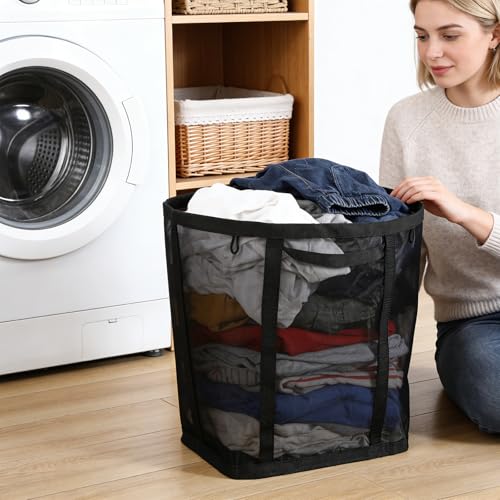 2 Pcs Mesh Bags with Handles, Collapsible Laundry Basket, Foldable Laundry Bag, Breathable Folding Beach Bag,Space-saving Travel Tote Bags (2, Black)