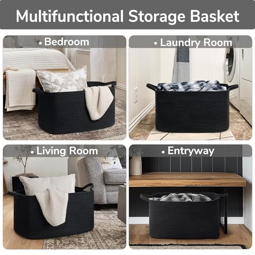 Goodpick Large Blanket Basket Living Room, 21.6" x 14.9" x 11.8" Woven Storage Basket for Blankets, Toys, Rectangle Rope Dirty Clothes Baskets for Nursery, Bedroom, Black - color: Black, size: Large(21.6"L x 14.9"W x 11.8"H)