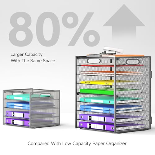 Cawukege 9 Tier Paper Organizer with Handle, Large Capacity Desk Organizer Mesh Paper Letter Tray File Folder Document Sorter for Classroom and Office Accessories Organization- Grey (2 Pack) - color: 2 Pack - Grey