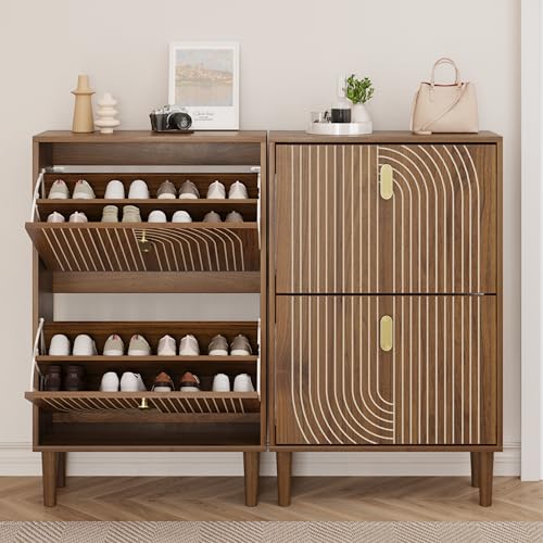 Smuxee Shoe Cabinet with 2 Flip Drawers, 23.6" Walnut Hidden Shoe Storage Cabinet with Line Groove Design, Freestanding Shoe Organizer Cabinet for Entryway, Hallway, Living Room - color: Walnut With Flip Drawers, size: 23.6" (60 cm)