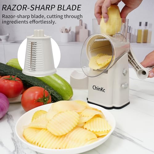 Upgrade Rotary Cheese Grater Shredder with Handle, Strong Suction Base, Multi-purpose Rotary Grater Slicer with 5 Interchangeable Blades for Ice, Vegetables, Fruit, Nuts with Blade Storage Box - color: Milky White