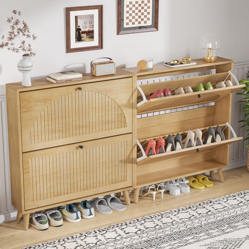 Fsbecl Shoe Storage Cabinet for Entryway with 2 Flip Drawers, Narrow Wood Shoe Cabinet with Fluted Panel, Freestanding Hidden Shoe Organizer for Foyer, Hallway (Wood Color - No Shelf) - color: Wood Color - No Shelf