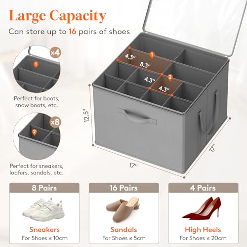 Lifewit Shoe Storage Organizer for Closet, Fabric Large Shoe Box Storage Containers with Clear Cover, Foldable Bins for Boots Heels Sneakers Fits 12-16 Pairs, 1 Pack Light Gray - color: Light Gray