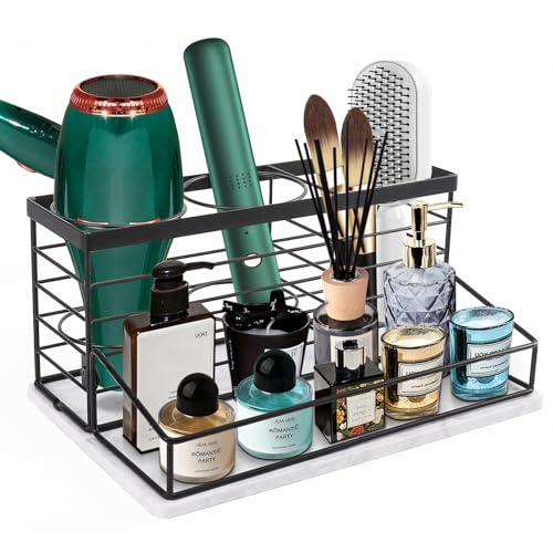 Hair Tool Organizer, Movable Hair Dryer Holder, Hair Styling Tools Storage for Vanity, Bath Counter Organizer, Bathroom Trays for Hair Toiletry, Makeup (12" x 7.7" x 5.8", Marble-Black) - color: Marble-Black, size: 12" x 7.7" x 5.8"