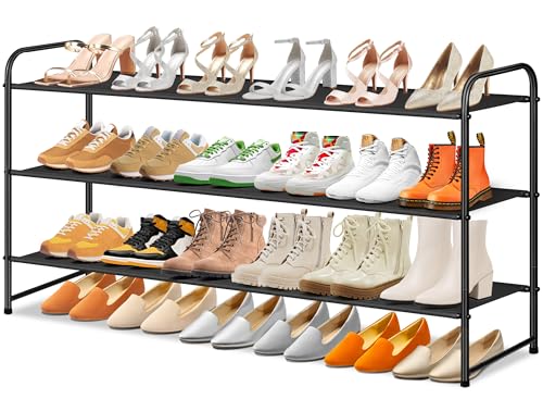 SLEEPING LAMB Long 3-Tier Shoe Organizer for Closet, Stackable Wide Shoe Rack Holds 24-Pairs Shoe Storage Shelf for Bedroom, Floor, Entryway (Black) - color: Black, size: 11.4 x 42.5 x 24.4