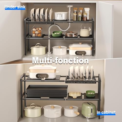 Mustorn Pots and Pans Organizer Under Cabinet, Expandable 2 Tier Under Sink Organizers and Storage Adjustable Height Kitchen Pot and Pan Lid Holder Rack with 6 Dividers(6panels,1 Pot rack, Black) - size: 6panels &1 pot rack-2 Tier