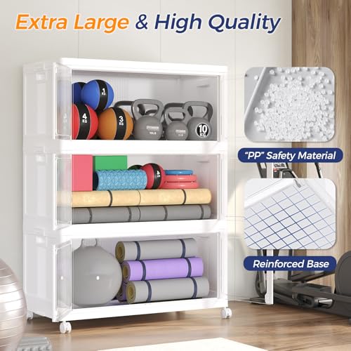 200GAL Large Stackable Storage Bins with Lid and Wheels, 800Qt Collapsible Organizer Cabinet with Clear Door, for Closet, Bedroom, Kitchen, Garage, 4-Pack White - style: 4 Pack