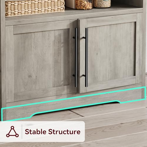 IDEALHOUSE Bakers Rack With Storage Cabinet, Microwave Stand With Power Outlets, Farmhouse pantry cabine With Thick Table Top, Small Kitchen Pantry Hutch Bakers Rack for Kitchen,Dining Room,Retro Gray - color: Retro Gray, size: with 2 Wood Door