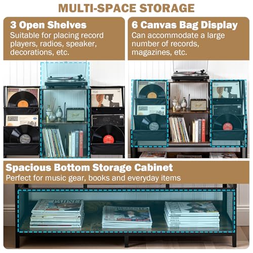 Uieke Large Record Player Stand, Record Holder with Vinyl Record Storage Holds up to 500+ Albums, Media Table with Vinyl Display Shelf & Turntable Stand for Living Room, Bedroom - size: 47.2"L x 11.8"W x 42.2"H