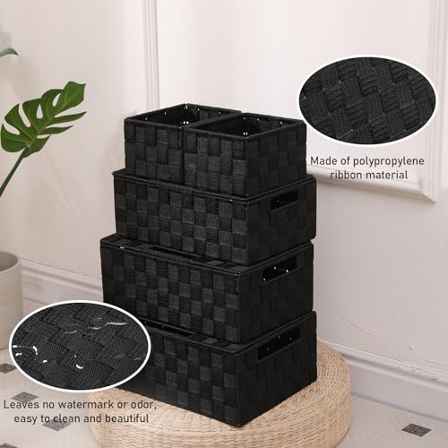 Storage Bins Woven Organizer with Lids Set of 5 – Polypropylene Storage Baskets with Metal Frame, Stackable Fabric Boxes for Drawers, Closet, Shelf, Nursery and Office, Black - color: Black, size: 5PCS-with lid