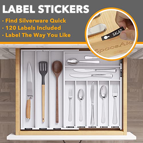 SpaceAid Bamboo Silverware Drawer Organizer with Labels, Kitchen Utensil Expandable Tray Holder Organizer for Flatware, Cutlery, Spoon and Knives Drawer Storage Organization (White, 10 Slots) - color: White