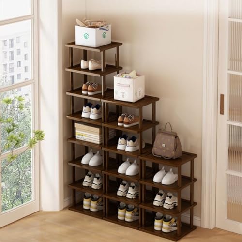 Vertical Shoe Rack - Tall Narrow Shoe Rack Organizer for Small Spaces,7 Tier Bamboo Shoen Shelf for Entryway,Closet,Corner,Doorway,Skinny Shoe Shelf Space Saving Shoe Storage,Free Stackable DIY… - color: Brown, size: 7-tier