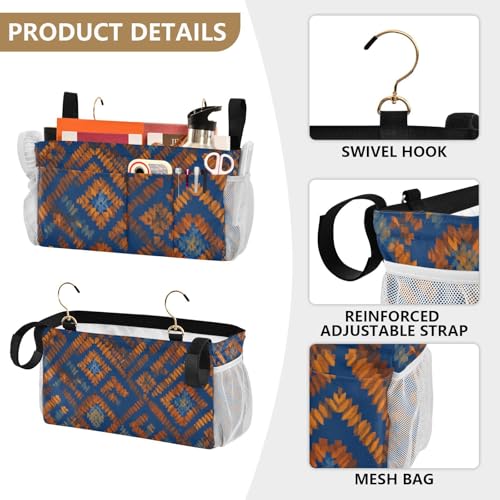 Bedside Caddy Hanging Bunk Bed Caddy Bed Organizer Hanging Pocket with 2 Hooks Bedside Storage Organizer Pocket Bag Holder Blue Orange Diamond Tie-dye - color: Blue Orange Diamond Tie-Dye
