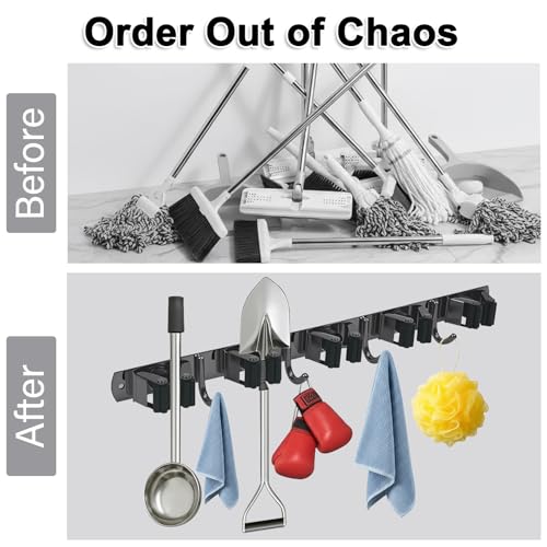 5 Racks and 4 Hooks Mop and Broom Holder Wall Mount, SUS304 Heavy Duty Broom Organizer Storage Tool Racks, Self Adhesive Solid Non-slip Tool Hangers for Home Kitchen Garden Laundry Garage - color: 5 Racks & 4 Hooks (Black) - 1 Pack