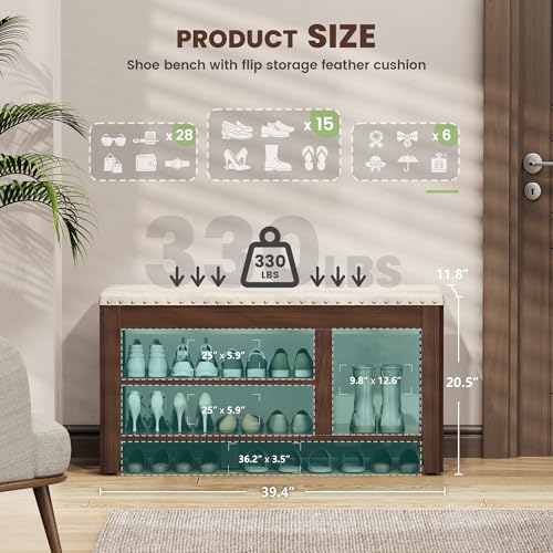 Shoe Bench for Entryway, Solid Rubberwood Shoe Bench with Hidden Storage, Adjustable 2-Tier Shelves & Soft PU Leather Seat, Shoe Rack Durable Easy Assembly for Hallway or Bedroom - Beige, 39.4" - color: Beige, size: 39.4"W x 11.82"D x 20.47"H