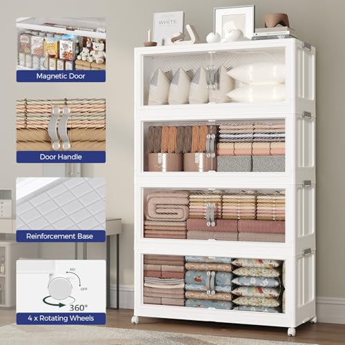 240QT Extra Large Stackable Storage Bins with Lid, 60Gal Plastic Closet Organizers and Storage Drawer, Collapsible Cabinet Box with Wheels Clear Doors for Home Kitchen Office, 4Pack White - size: 60QT, style: 4Pack