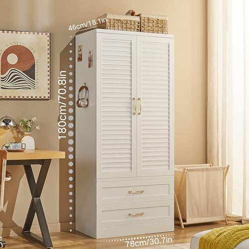 71" Freestanding Metal Wardrobe Closet with Drawers and Hanging Rod, Modern Steel Armoire for Bedroom Storage - color: Modern Cozy-white