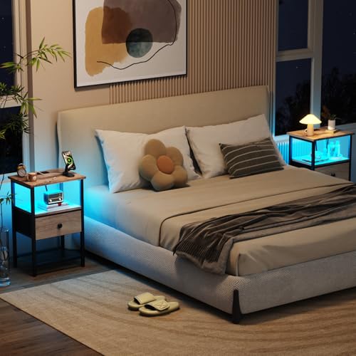 LOAKEKEL Nightstand with Charging Station, End Table with Fabric Drawer, LED Night Stand for Bedroom, Small Bed Side Table with USB Ports and Outlets, Grey, HETS01GY-1 - color: Grey, style: One-drawer